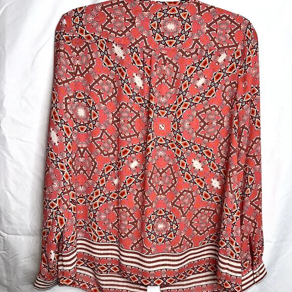 Talbots Womens Size Medium Pink White Geometric Boho Chiffon Long Sleeve Blouse - Picture 5 of 9
